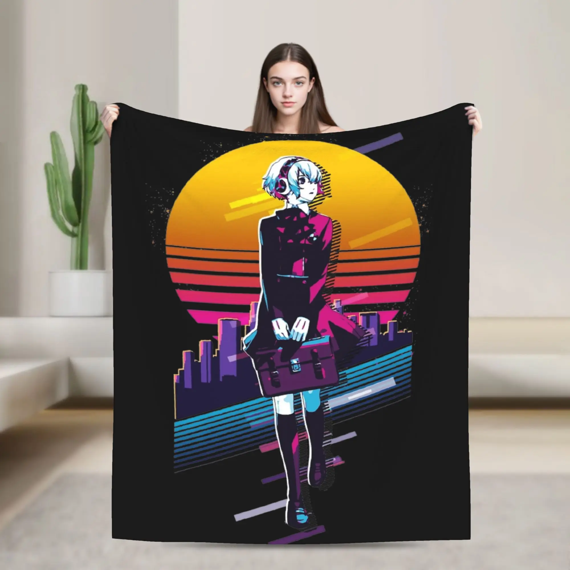 Persona 3 Reload  Aigis 80s Retro Knitted Blanket Flannel  Lightweight Throw Blanket for Outdoor Travel Bedroom Quilt