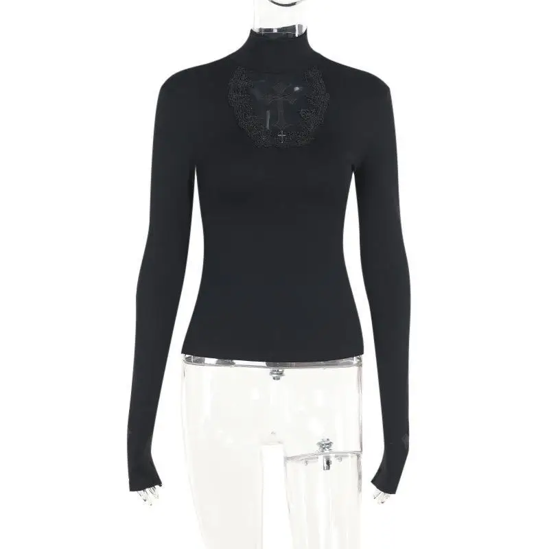 Rollkragen Top Y2k Kleidung Schwarz Gothic Kreuz Hohl Abnehmen Bottom T Shirt für Frauen Langarm Sexy T-shirt Mädchen Tops – Detail 13