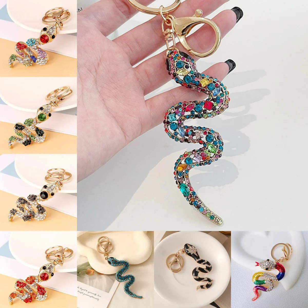 1pc 2025 Creative Retro Chinese Zodiac Diamond Snake Car Pendant Colorful Snake Keychain Small Party Gift Bag Hanging Decoration