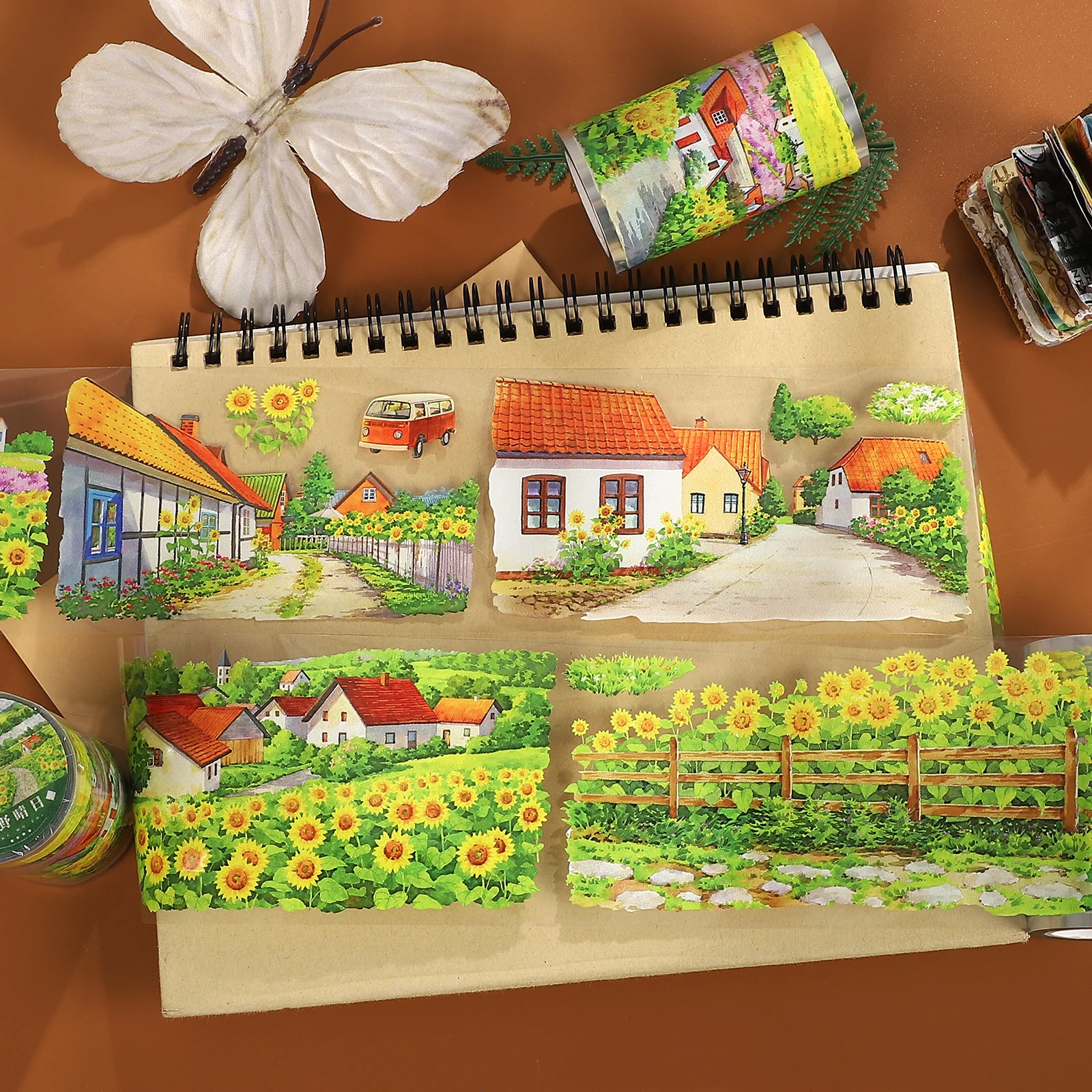 Ruban PET 70mm*5m Motif Paysage Champêtre Tournesol Vintage, Matériel Créatif DIY pour Journal, Collage, Scrapbooking, Papeterie