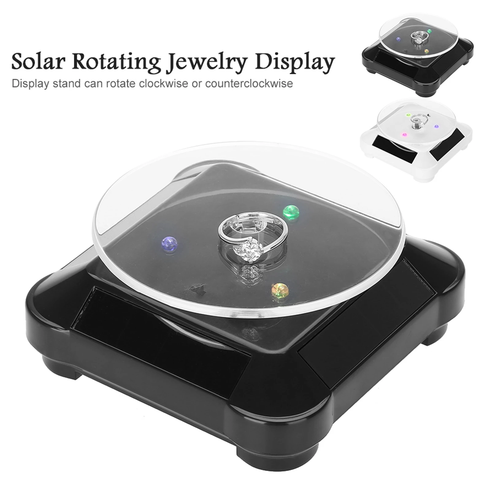 

Rotating Jewelry Display Solar Showcase 360 Degrees Rotating Turntable Watch Phone Jewelry Display Stand LED Light