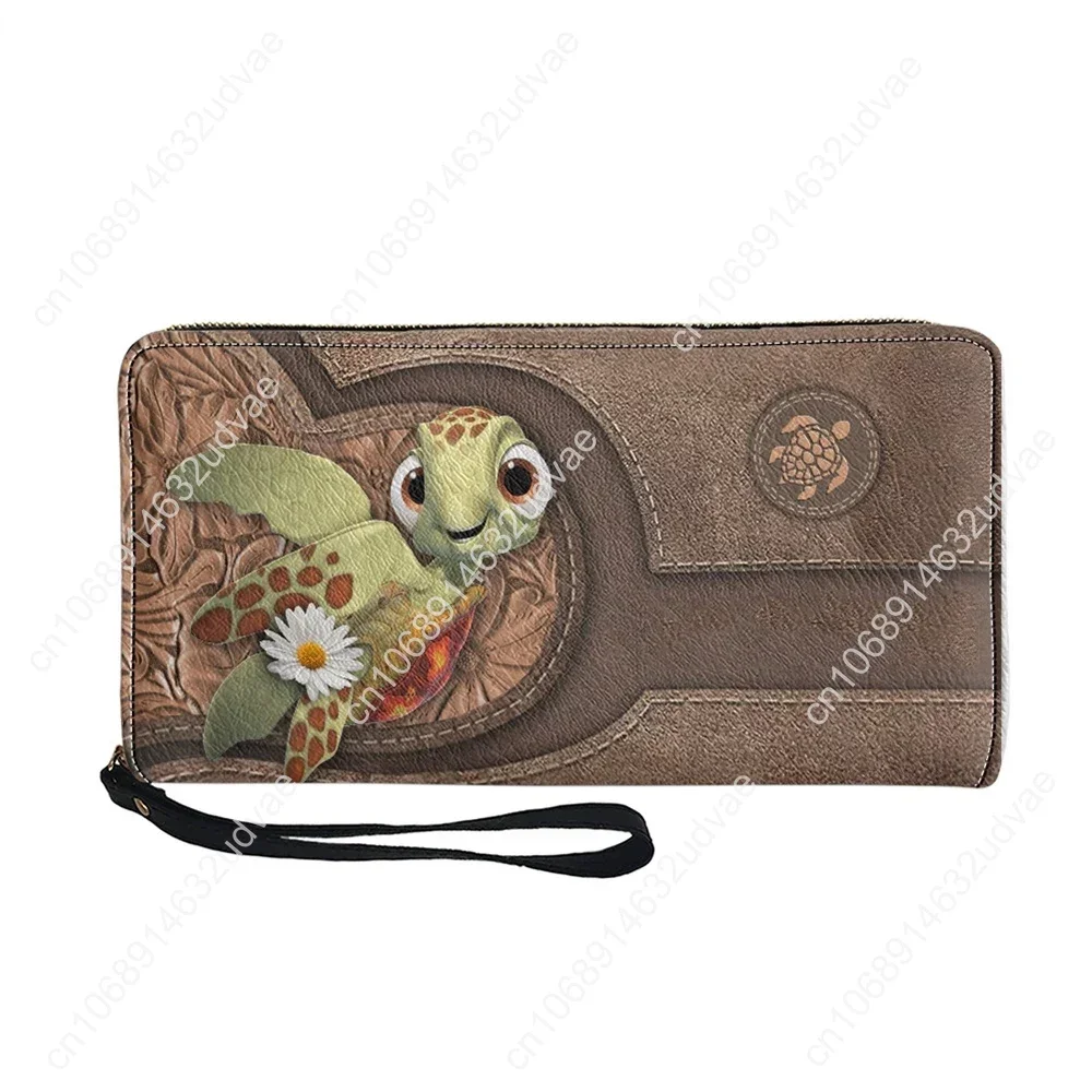 Funny Hawaiian Cartoon Sea Turtle Printed Wristlet Wallet Woman Long Leather Coin Pouch Fashion Slim Clutch Purses with Zipper