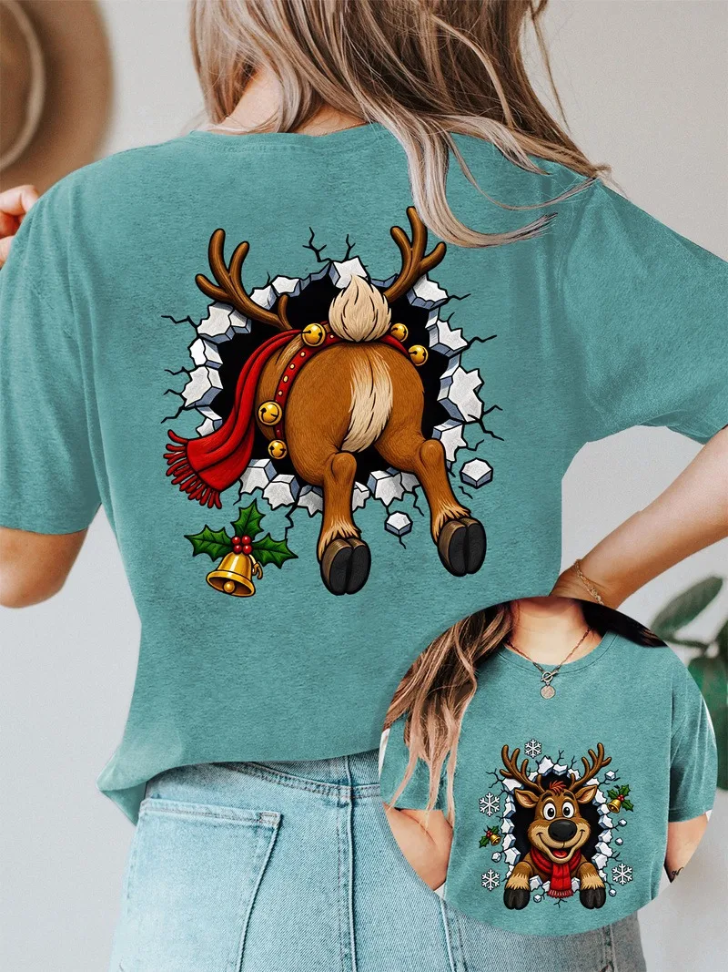 Christmas Funny double-sided reindeer Printed Women's T Shirt Fashion Casual O-neck Short Sleeve T-Shirt Festival X'mas Clothing