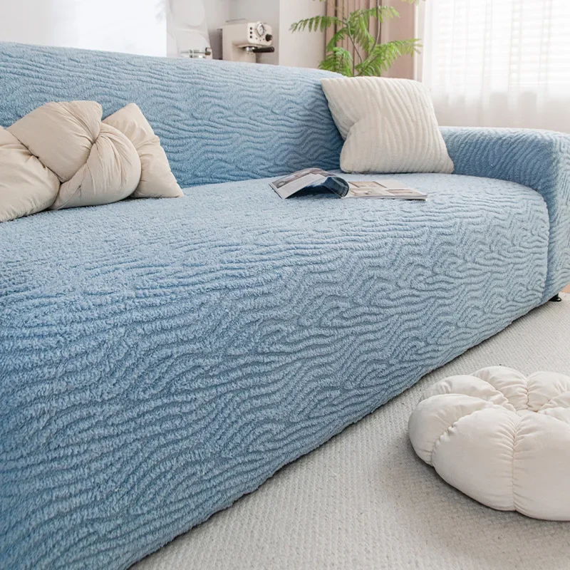 Striped Jacquard Sofa Cover for Living Room Soft Velvet Warm Furniture Protector for Winter Removable Easy-Care Home Accessories