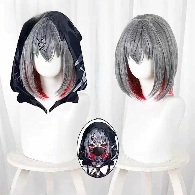 Magical Girl Witch Trials Shitou Arisa Cosplay Wig Gray Red Inner Gradient Bob Wig High Temperature Matte Hair for Halloween