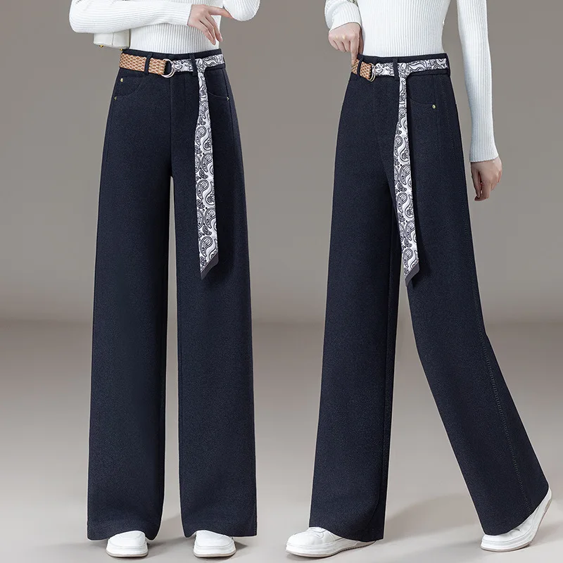 

Прямые женские джинсы с высокой талией, новый осенний свободный крой, подтяжка бедер, поставляется с поясом, универсальные широкие брюки