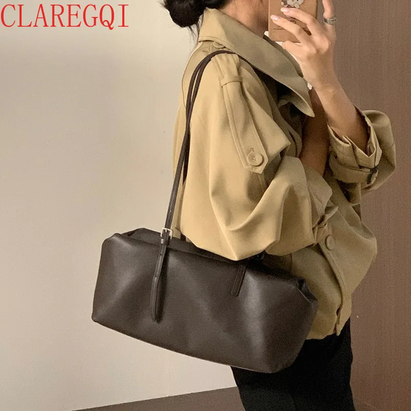 Retro Soft Skin Long Strip Shoulder Bags For Women Large Capacity Commuting Leather Bag Fashion Comfortable Cowhide Underarm Bag