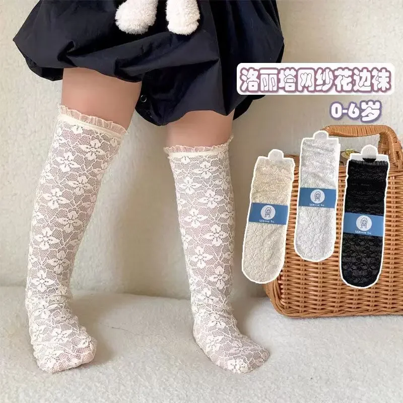 New Lolita Girl Infant Socks Baby Mesh Lace Calf Stockings Sweet Cherry Blossom Princess Spanish Children\'s Soft Hollow Tights