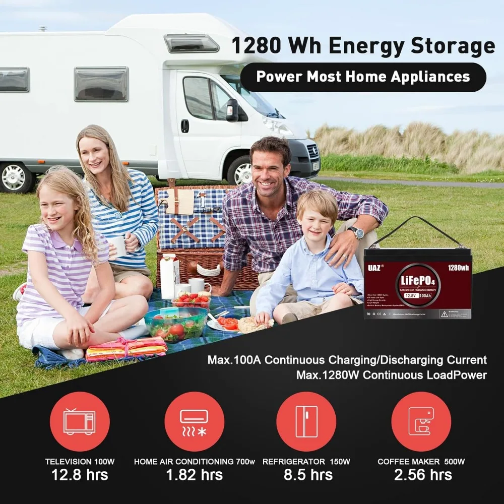 Bateria marinha de ciclo profundo de 12V 100Ah LiFePO4 1280Wh, com BMS de 150A, proteção de baixa e alta temperatura, à prova d'água, para casa