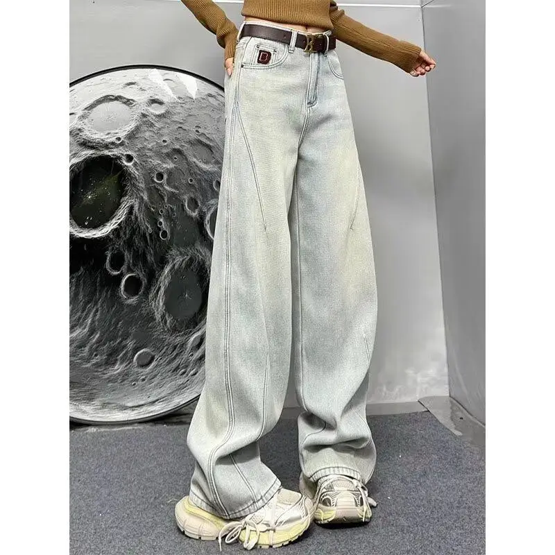 

Slimming Light-Colored New Design Loose Scythe Jeans Women's Wide Leg Floor-Length Casual Cotton Polyester Denim Jeans