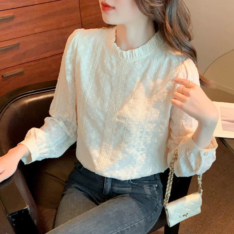 Fashion Embroidered Lace Solid Color T-shirt Women New Classic Long Sleeve Office O-collar Chiffon Temperament Pullover Shirt