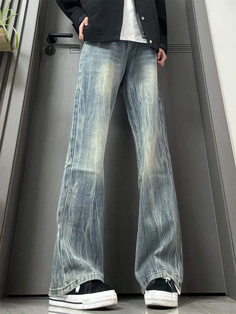 Retro Blue Bamboo Lightning Pattern Flared Jeans Men's Trendy Brand Spring Autumn American Vibe Pants Extended Straight Leg
