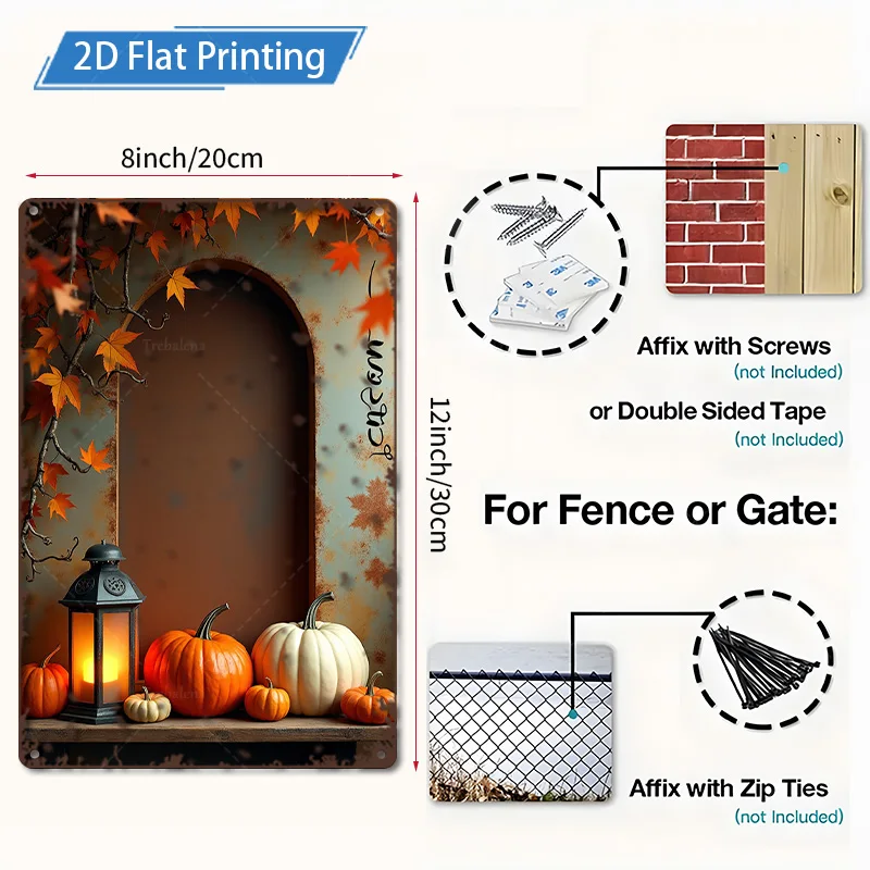1pc 8x12inch Metal Sign Autumn Harvest Scene with Pumpkins and Lantern 2D Flat Printing Metal Art Decor