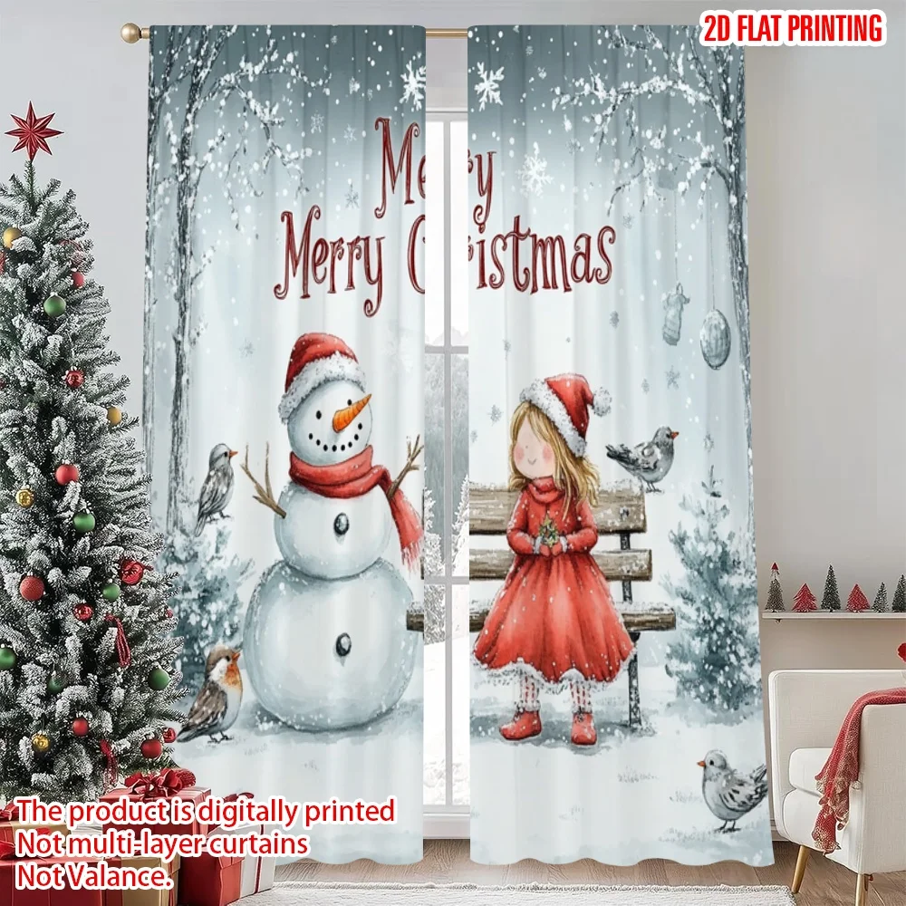 2pcs 2D flat printing Fashionable Christmas Curtains Charming Snowman3 Digital Printed Polyester Drapes Non fading Festive
