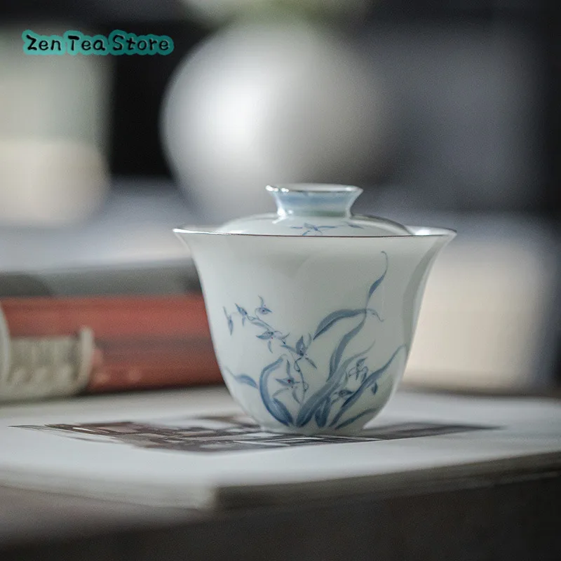 Jade Clay White Porcelain Hand-painted Blue And White Cover Bowl Kung Fu Tea Set Under Glaze Color Home Tea Magnolia Cover Bowl