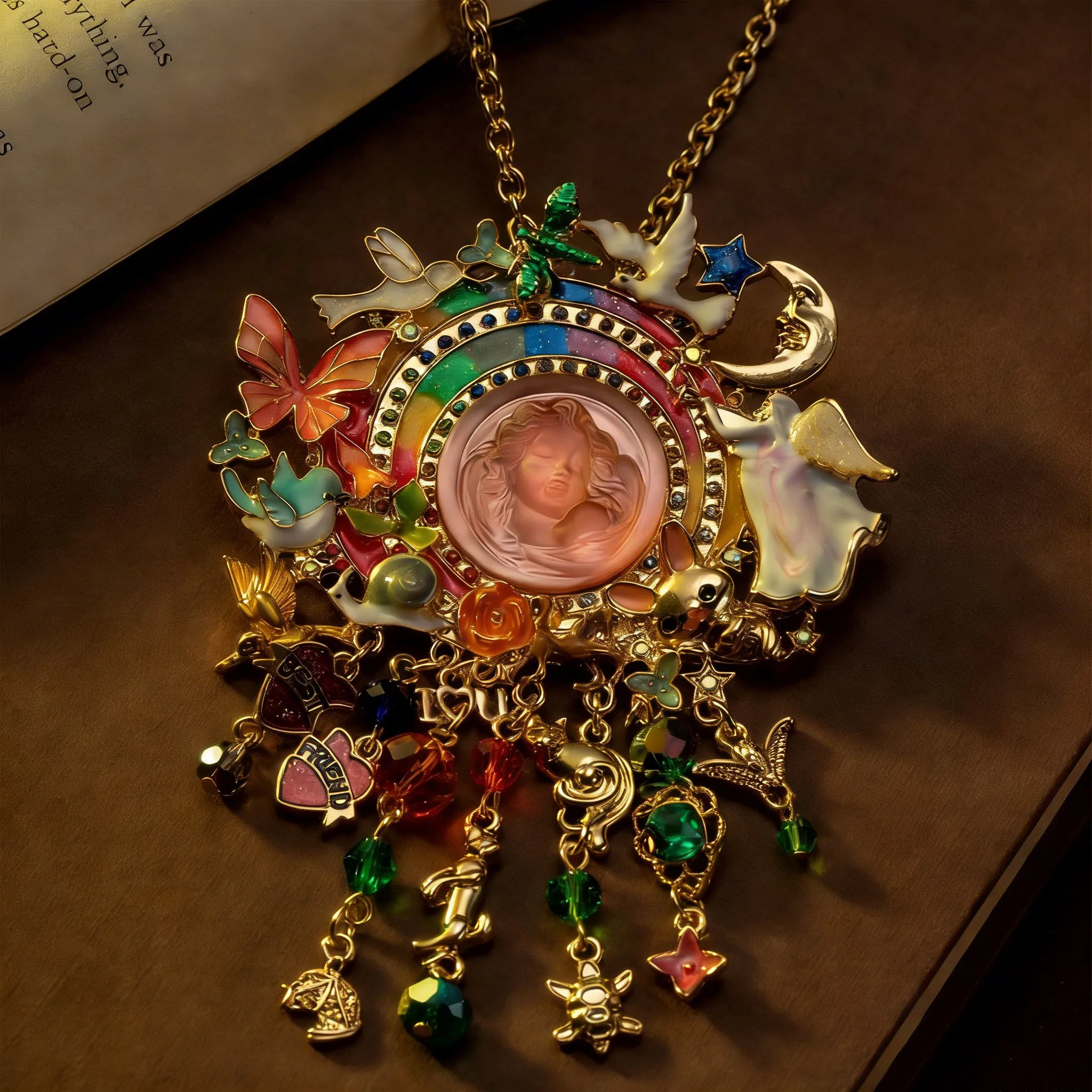 Vintage Smiling Angel Sweet Brooch Necklace Dual-Use Luxury Moon Bird Necklace Animal Corsage Jewelry Birthday Gifts for Women