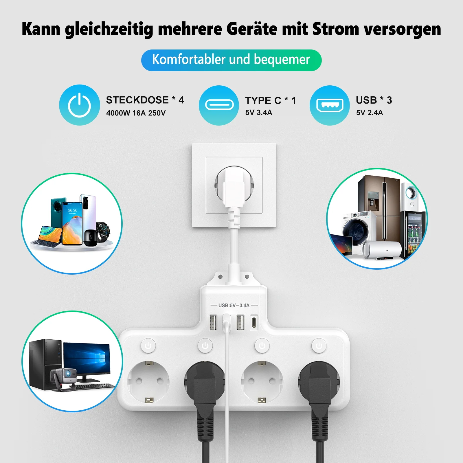 EU Plug Power Strip Multiple Socket with Individual switch 4 AC Outlets 4 USB, Multiple Plugs USB Wall Socket Surge Protector