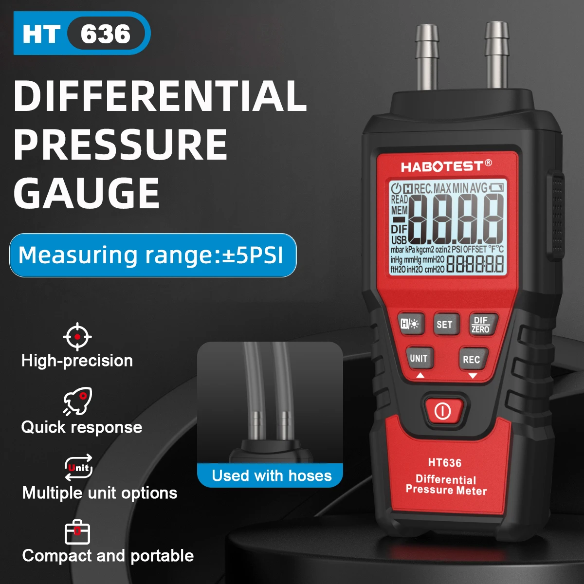 HT636 Digital Air Pressure Manometer 12 Selectable Units Differential Pressure Gauge LCD Display Professional Air Pressure Meter