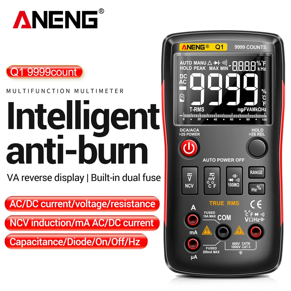 مقياس رقمي متعدد 9999 اختبار تناظري ANENG Q1 صحيح RMS المهنية المتعدد لتقوم بها بنفسك الترانزستور مكثف NCV اختبار مقياس قدرة دائرة التوالي