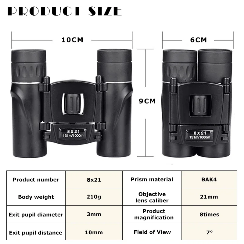 8x21 Compact Zoom Binoculars Long Range 1000m Folding HD Powerful Mini Telescope BAK4 FMC Optics Hunting Sports Camping