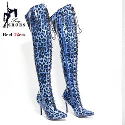 2024 Sexy Leopard Print Over-the-Knee Women Boots 12CM 13cm High Heels Shoes Thigh High Boots Spring Leather Stripper Long Boots