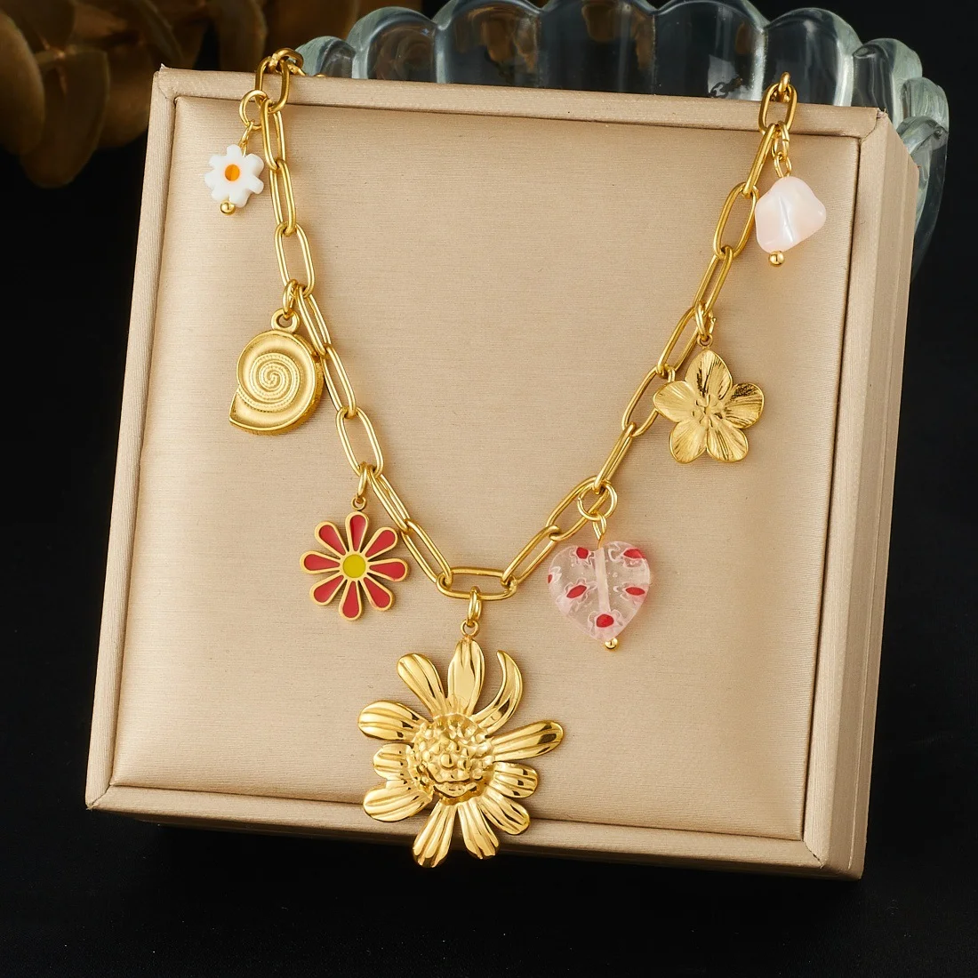 

Plated Flower & Shell Charm Necklace, Paperclip Chain with Enamel & Resin Charms, Stainless Steel Boho Statement Jewelry