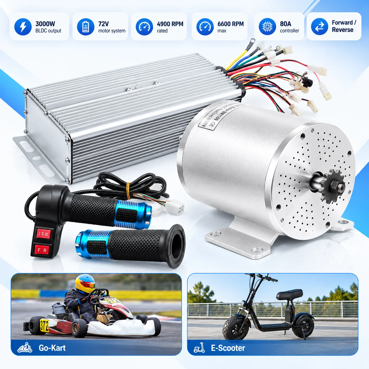Bürstenloser Motor-Kit 3000W 72V, Hochgeschwindigkeits-BLDC-Motor mit 60-72V 80A Controller, 4900RPM Nennwert 6600RPM Max, 3-Gang-Lenker-Gashebel, Rückwärtssteuerung, für E-Bike, Roller, Go-Kart,