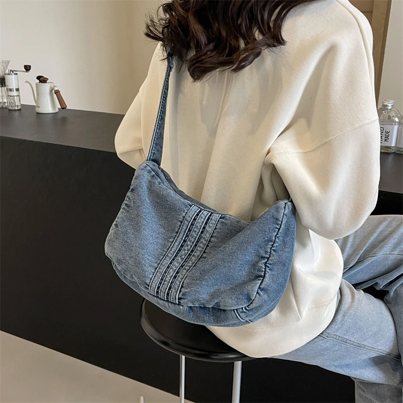 Women Fashion Denim Satchel Bags Casual Handbags Adjustable Strap Vintage Shoulder Bag Solid Color Large Capacity Shopping Bag