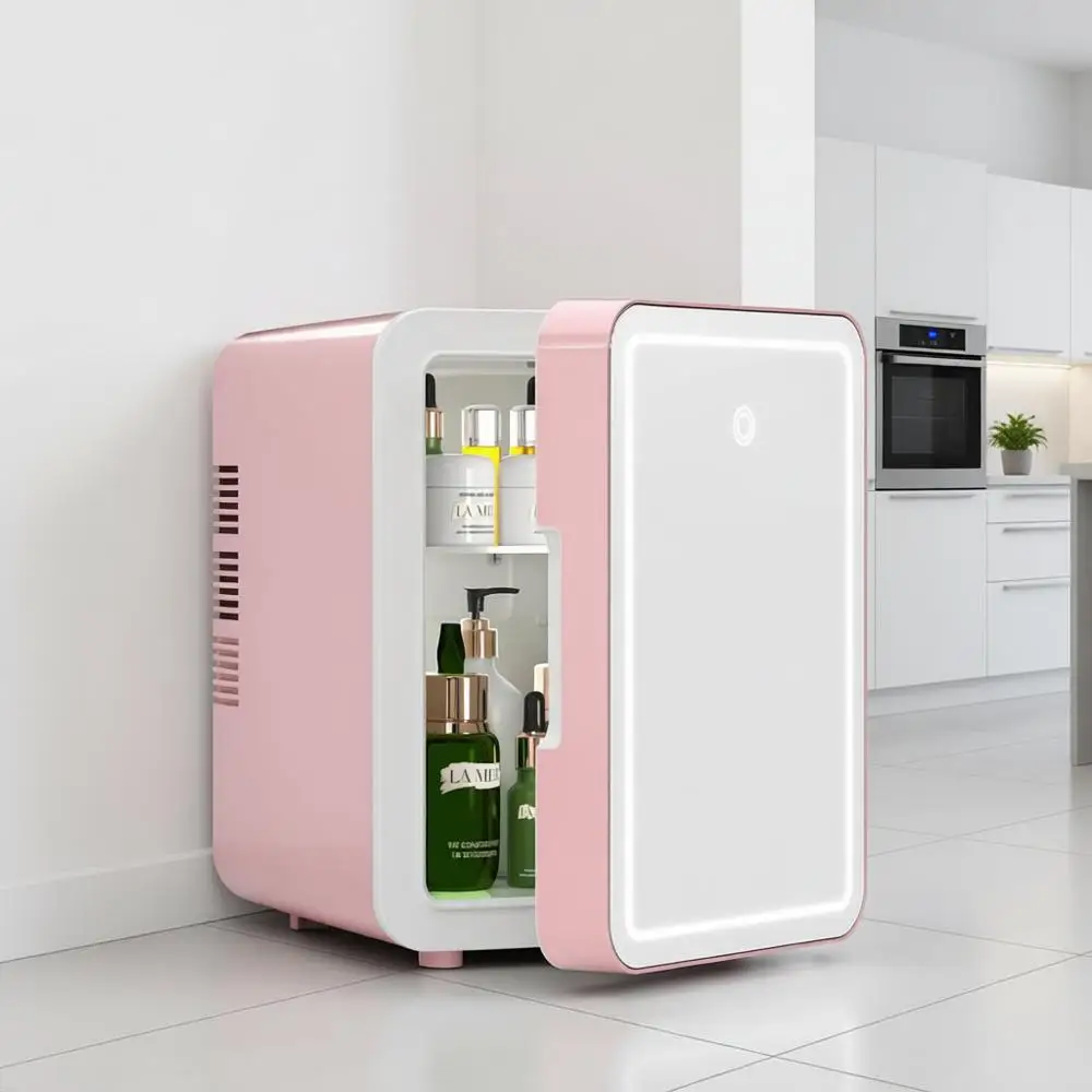

Мини-холодильник для косметики и ухода за кожей с зеркалом и регулируемой LED-подсветкой, функцией охлаждения и подогрева, портативный мини-холодильник для макияжа, ухода за кожей и продуктов питания