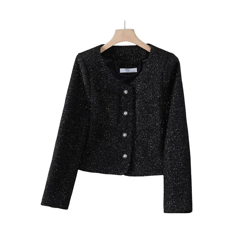 

1 piece of tweed round neck jacket 2024 new style small fragrance spring autumn short style solid color top