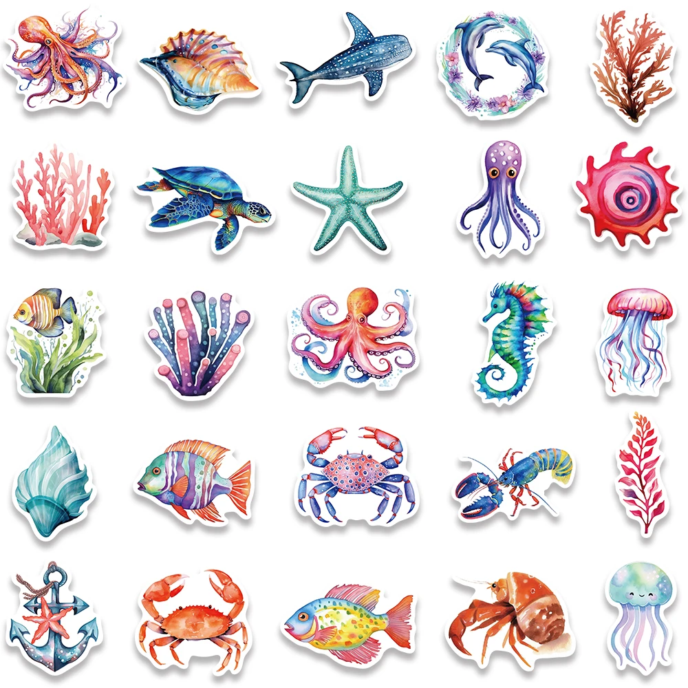 50pcs Water Colorful Marine Sea Animals Life Aesthetic Sticker Car Fridge Bottle Laptop Diary Phone Graffiti Decals Kids Gift