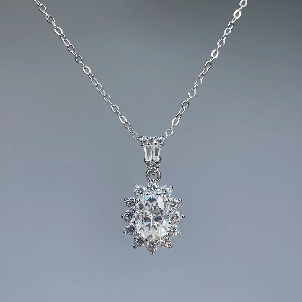 

S925 Rhodium Plated 1.5CT D Color Moissanite Princess Diana Style Sunflower Pendant Necklace for Women Elegant Gift.