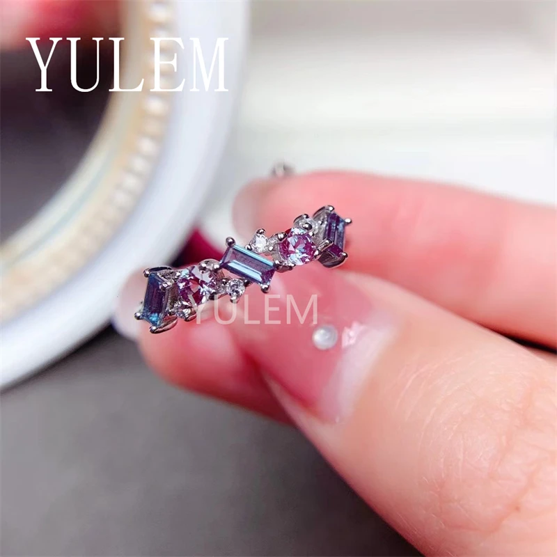 YULEM Change Color Alexandrite Ring with 925 Sterling Silver Engagment Wedding Jewelry for Women Anniversary Gift