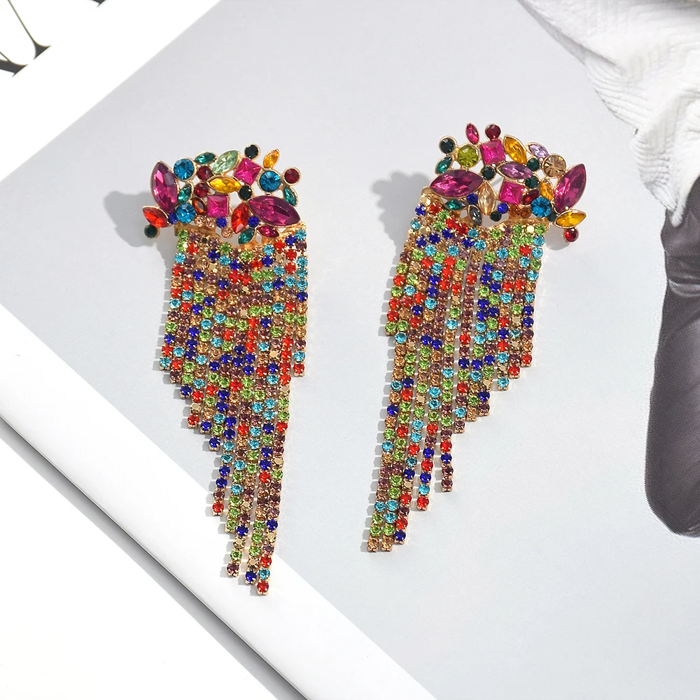 New Arrival Long Colorful Crystal Chain Tassel Drop Earrings High-Quality Fashion Pendant Jewelry Accessories For Women