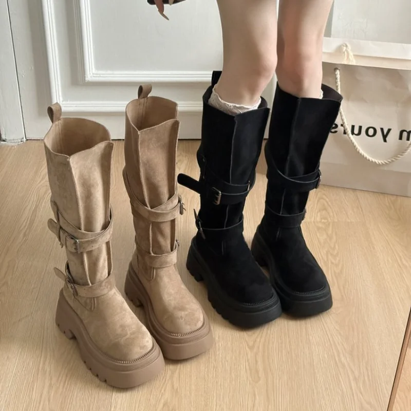 Khaki Thick Heel over Knee High Boots Women's Fashion Western Cowboy Style Heightening Slimming Autumn Winter Long Boots