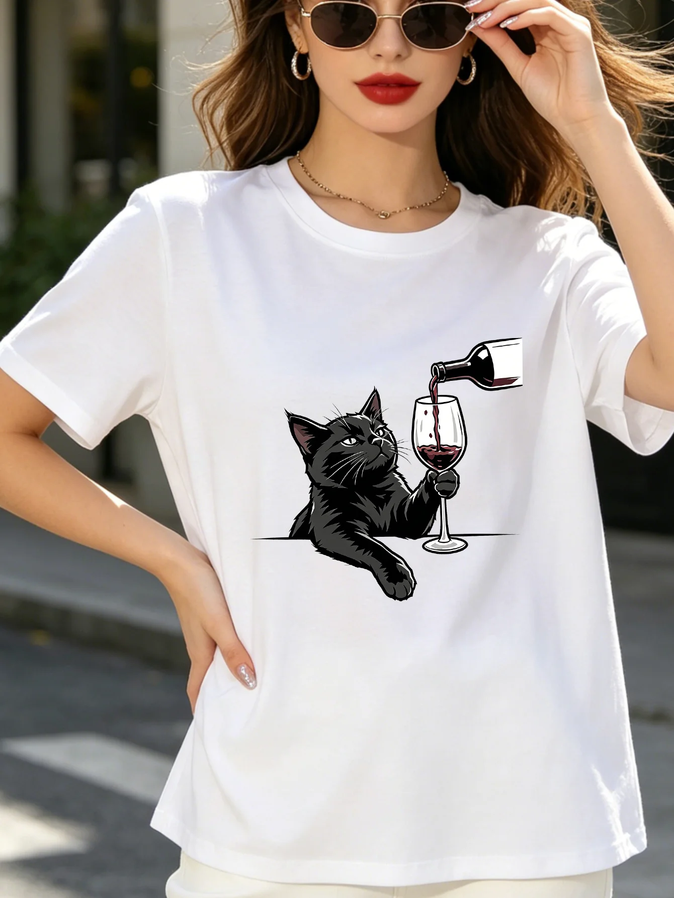 Women Crew Neck Tee Black Cat Wine Graphic Print Short Sleeve Loose Ladies Summer Soft Cotton Plus Size Casual Street Top