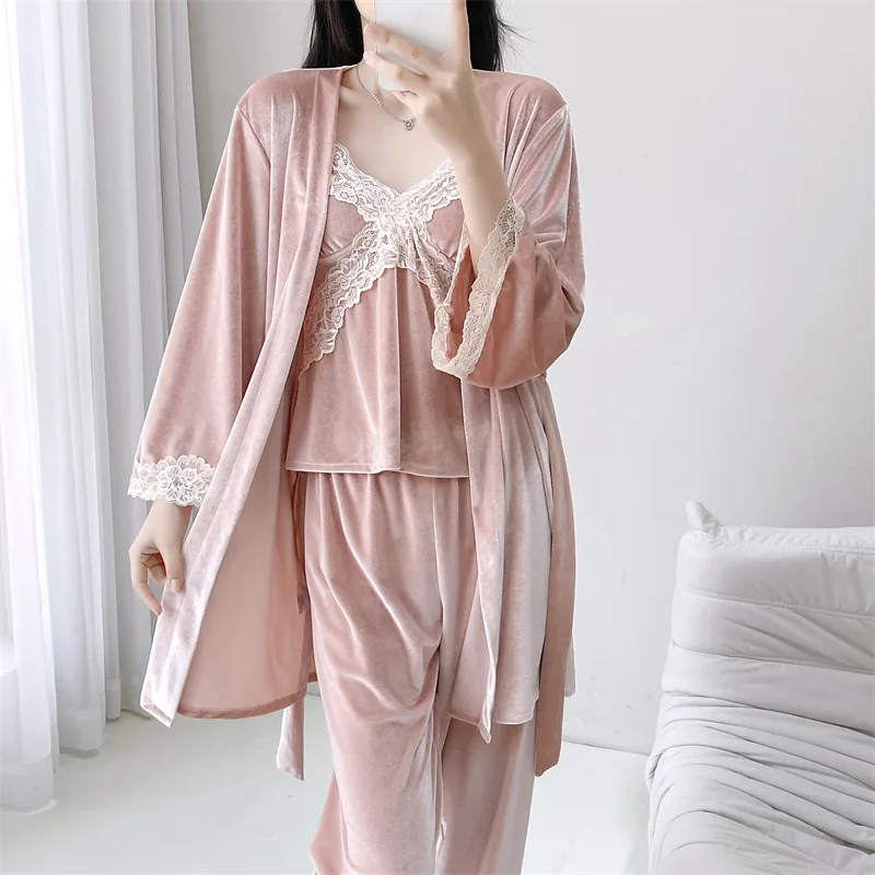 Sexy Patchwork Lace Intimate Pijamas Suit Autumn New Women's 3PCS Pajamas Set Sleepwear Loose Velour Home Clothes Loungewear