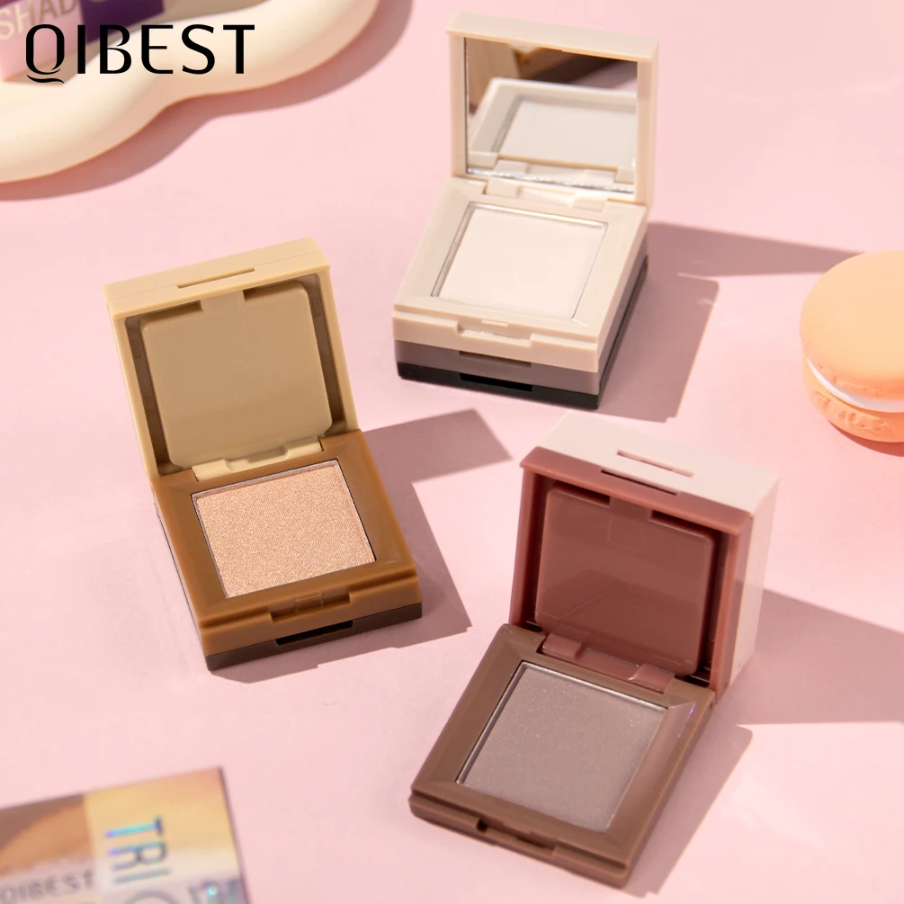 QIBEST matowy cień do powiek 3 kolory w 1 etui z cieniem do powiek Highlighter różu paleta błyszczący jedwabnik w proszku