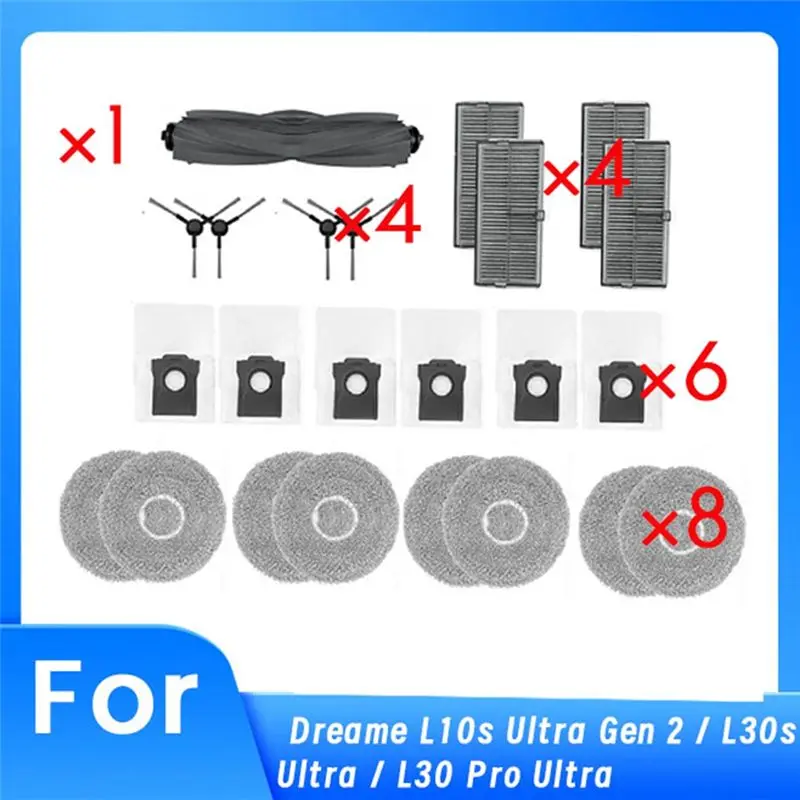 

Для роботов-пылесосов Dreame L10s Ultra Gen 2 / L30s Ultra / L30 Pro Ultra: роликовая и боковые щетки, HEPA-фильтр, салфетка для влажной уборки, мешок для сбора пыли