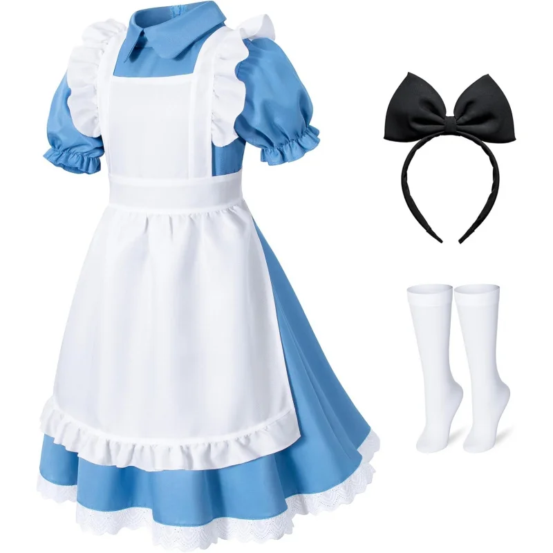 

❤️❤️❤️Irtysh Blue Dress White Apron Halloween Cosplay Costume With Bow Hair Band Stockings Set❤️⭐️❤️