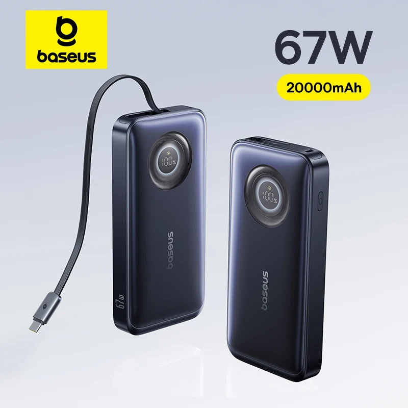 סוללת גיבוי Baseus 65W 20000mAh עם טעינה מהירה וכבל Type-C נשלף מובנה למחשבים ניידים, אייפון 17, 16, 15 פרו מקס, סמסונג