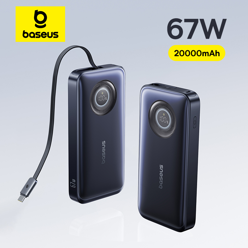  Baseus 65W Power Bank 20000mah Fast Charging with Built-in Retractable Type-C Cable for Laptops iPhone 17 16 15 Pro Max Samsung 