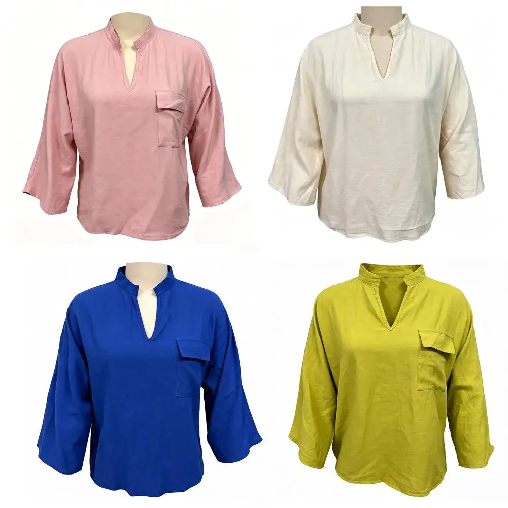 

Summer New Ethnic Style Pullover Shirt Ladies 3/4 Sleeve Comfortable Solid Color Top Women Literary Vintage Blouse