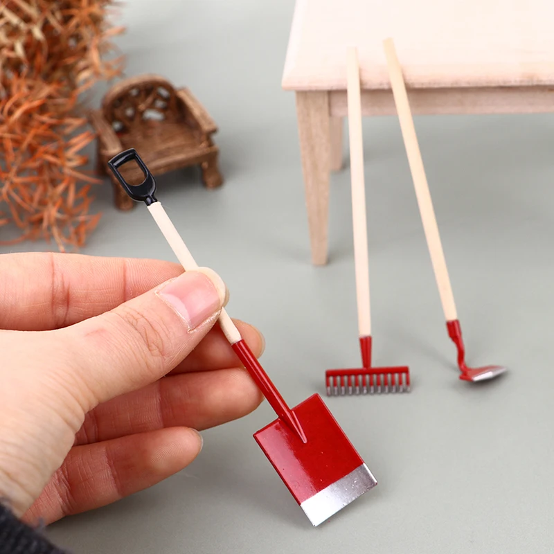 

1:12 Miniature Gardening Tool Set 3Pcs-Metal Shovel/Rake/Hoe for Dollhouse Farm Displays,Realistic Micro Landscape Tools