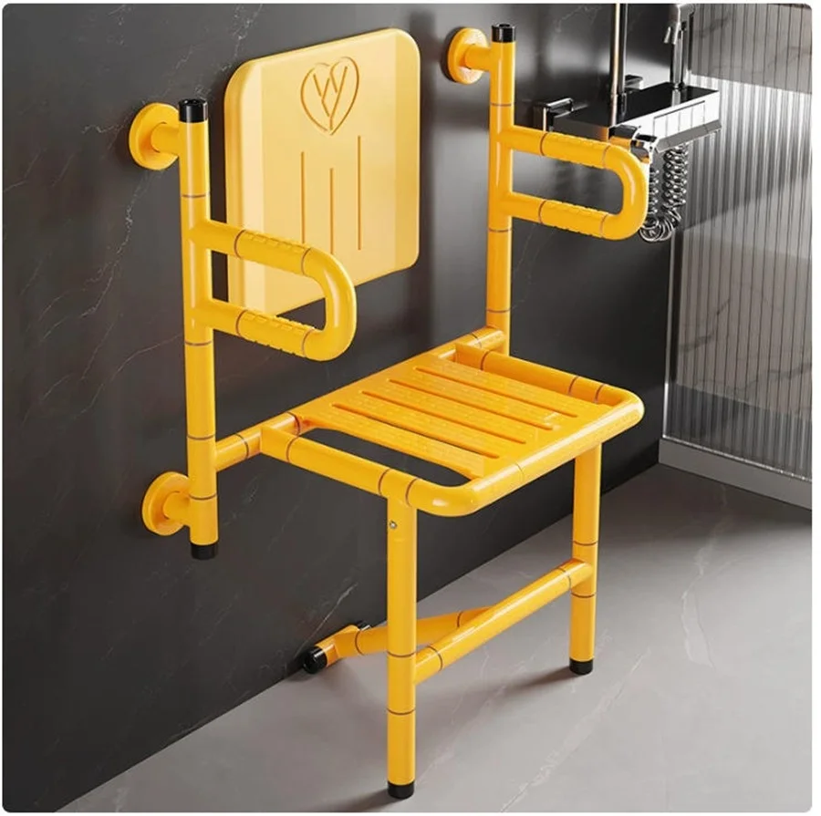 Sturdy Anti-slip Foldable ABS Modern Bathroom Back Support Shower Chair with Wall Mount to Protect Cold Walls (White/Yellow)