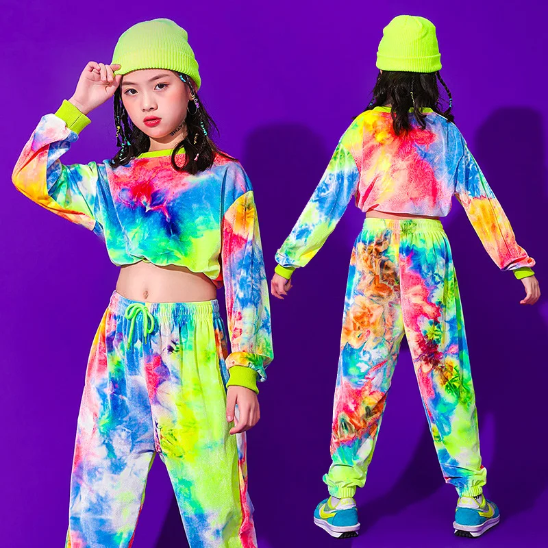 Kid Kpop Hip Hop Clothing Tie Dye Crop Top Long Sleeve T Shirt Streetwear Jogger Sweat Pants for Girl Jazz Dance Costume Clothes