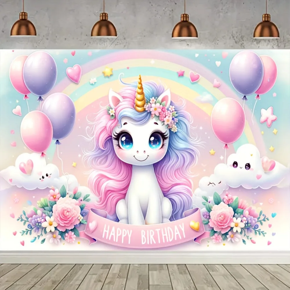 Enchanting Pink Unicorn Happy Birthday Backdrop,Polyester, No Power Needed, Perfect For Outdoor Celebrations & Magical Decor