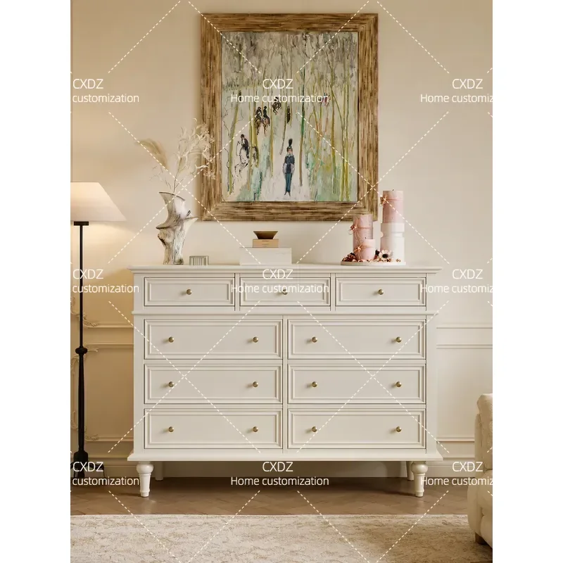 French Style White Flocculent Nine Drawer Cabinet Luxury Bedroom Bedside Table Living Room Dining Side Storage Locker Wall