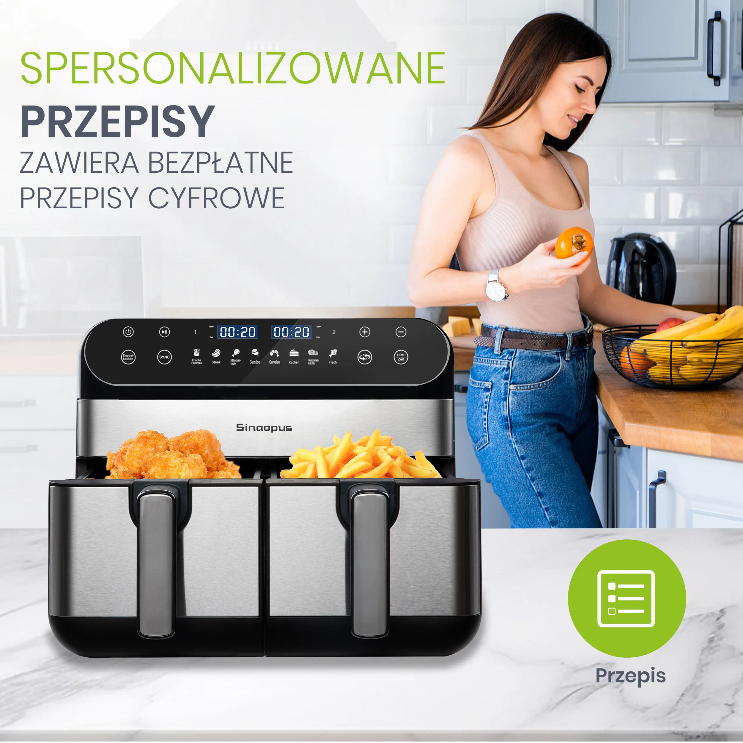 Sinaopus Heißluftfritteuse 2400W 10L XXL Doppelkorb-Fritteuse Fettfrei LED-Touchscreen, 8 Programme, Temperaturregelung, Heißluftofen ohne Öl