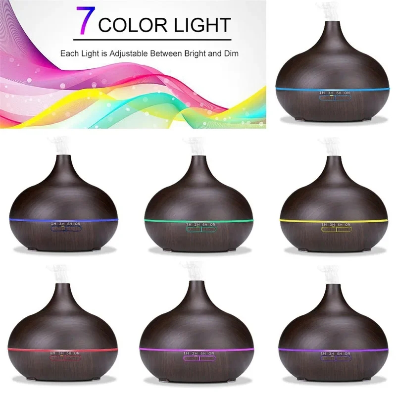550Ml Aromatherapy Diffuser น้ำมันหอมระเหยกับรีโมทคอนโทรล Wood Grain Ultrasonic Air Humidifier Cool Mister 7สี LED Light